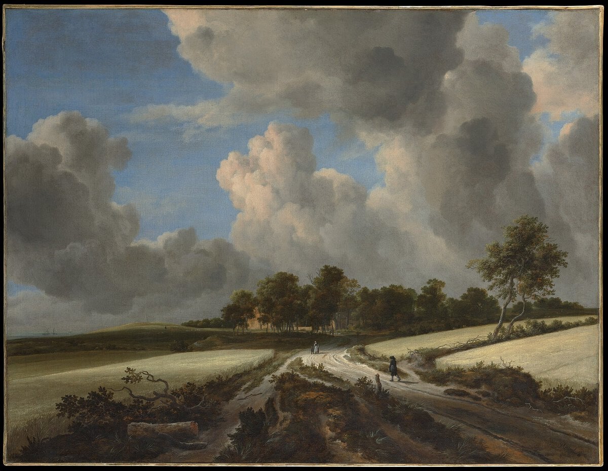 Jacob van Ruisdael'in Buğday Tarlaları tablosu: tarlaların arasından geçen yol ve bulutlu gök