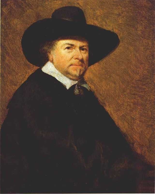 Geniş kenarlı siyah şapkalı, beyaz yakalı ve siyah giysili orta yaşlı ressam Jan van Goyen'in portresi