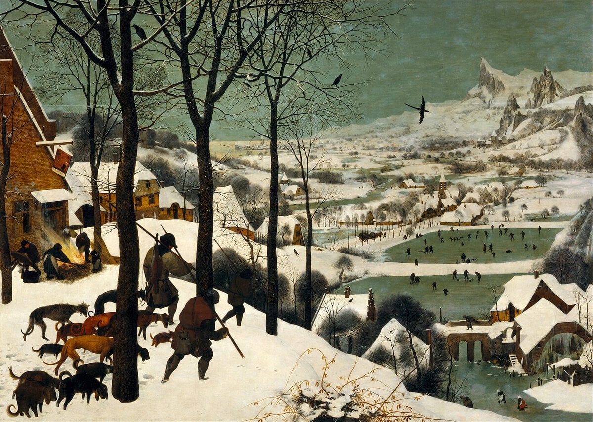 Karda Avcılar, Pieter Bruegel, 1565: köpekleriyle karlı tepeden köye inen avcılar ve aşağıda donmuş göllerde kayan insanlar