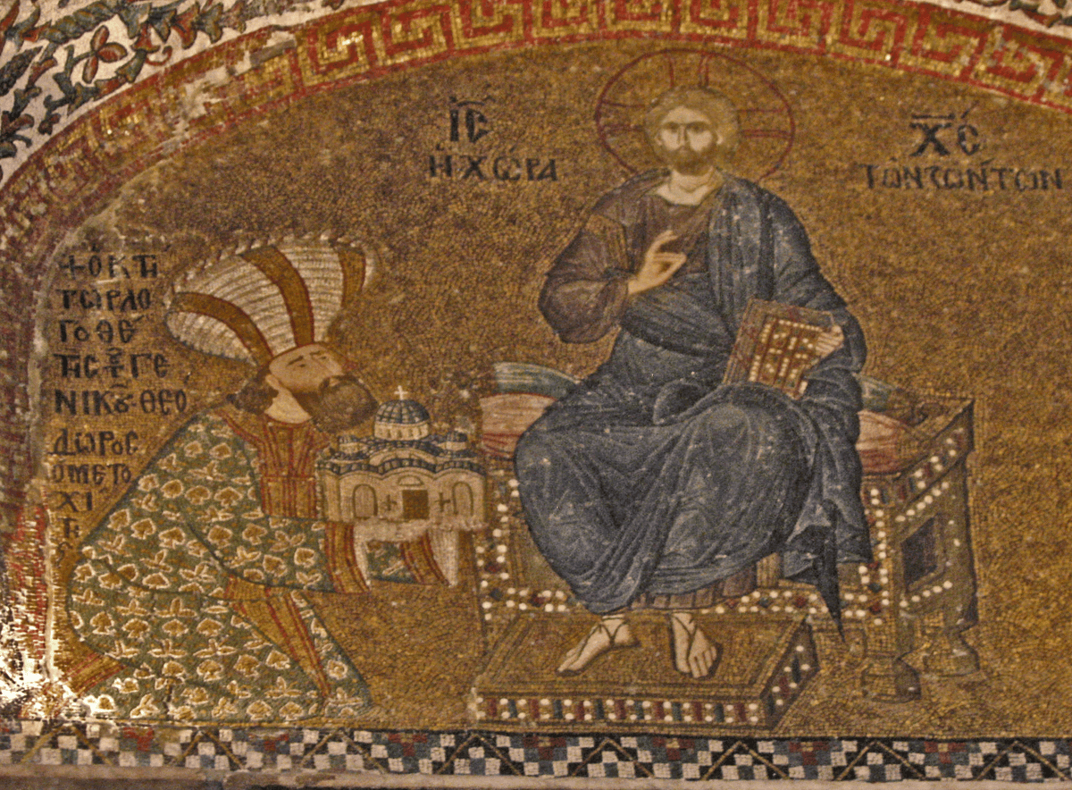 Theodoros Metokhites'in tahttaki İsa'ya kilise maketini sunduğu adak mozaiği