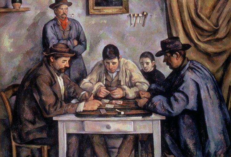 Paul Cézanne'ın Barnes Vakfı'ndaki Kart Oynayanlar tablosu: masa başında oynayan üç adam ve onları izleyen figürler (Paul Cézanne, 1890–1892)