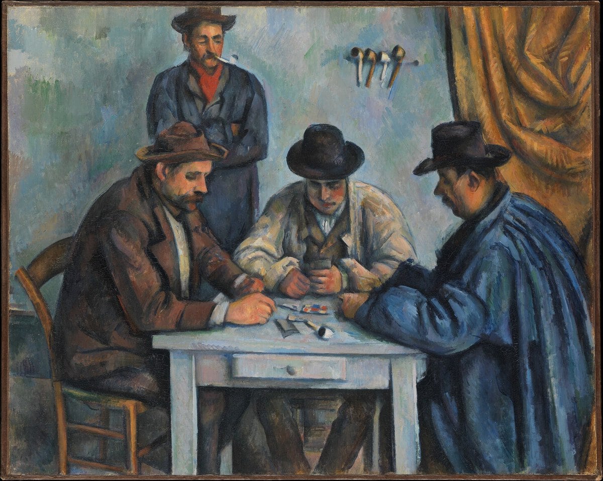 Paul Cézanne'ın Metropolitan Müzesi'ndeki Kart Oynayanlar tablosu: masada oynayan üç adam ve arkada ayakta pipo içen bir adam (Paul Cézanne, 1890–1892)