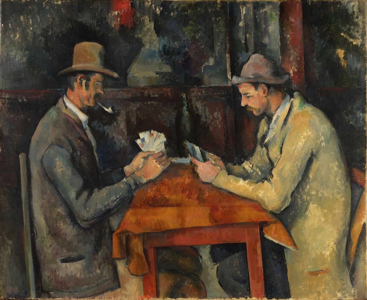 Paul Cézanne'ın Courtauld Galerisi'ndeki Kart Oynayanlar tablosu: karşılıklı oturan iki köylü (Paul Cézanne, 1892–1896)