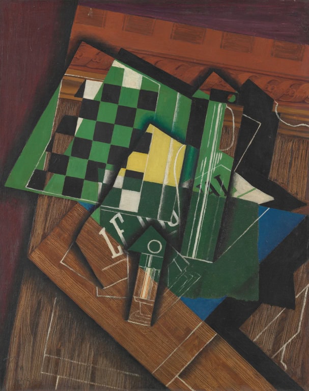 Juan Gris'in Dama Tahtası tablosu, 1915: üst üste binen dama tahtası ve masa düzlemleri