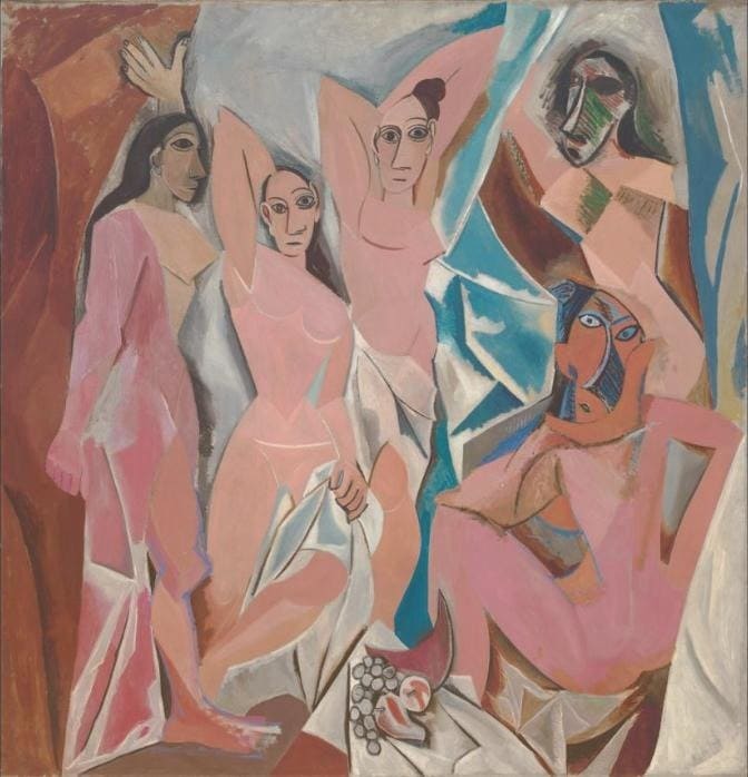 Pablo Picasso'nun Avignonlu Kızlar tablosu: köşeli biçimlerle çizilmiş, bazılarının yüzü maske gibi beş çıplak kadın