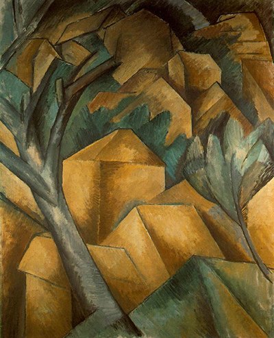 Georges Braque'ın L'Estaque'taki Evler tablosu: ağaçlar arasında küp biçimine indirgenmiş toprak renkli evler