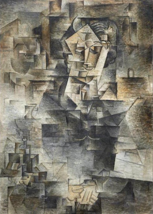 Pablo Picasso'nun Daniel-Henry Kahnweiler portresi: gri ve kahve tonlarında küçük düzlemlere bölünmüş bir yüz ve gövde