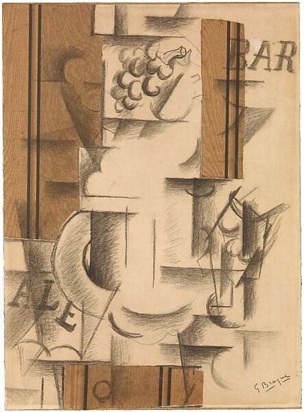 Georges Braque'ın Meyve Tabağı ve Bardak adlı kağıt kolajı: karakalem çizim üzerine yapıştırılmış ahşap desenli kağıt şeritler