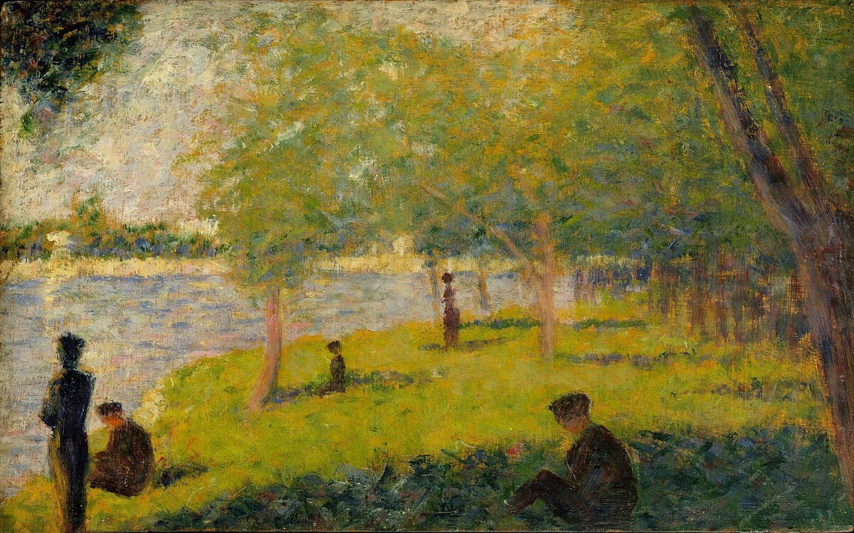 Seurat'nın La Grande Jatte için yaptığı büyük yağlıboya çalışma: figürlerle dolu ada manzarası
