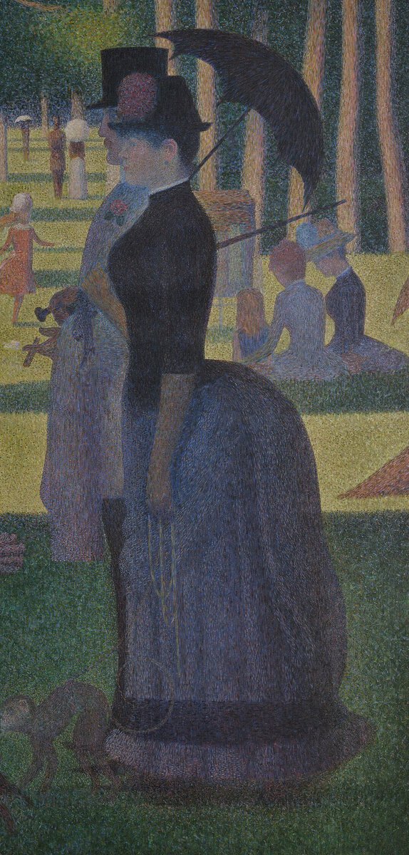 La Grande Jatte tablosunda şemsiyeli kadın ve tasmalı küçük maymun