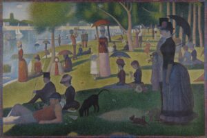 Seurat'nın La Grande Jatte tablosu: Seine kıyısındaki parkta şemsiyeli kadınlar, çocuklar, köpekler ve kayıklar