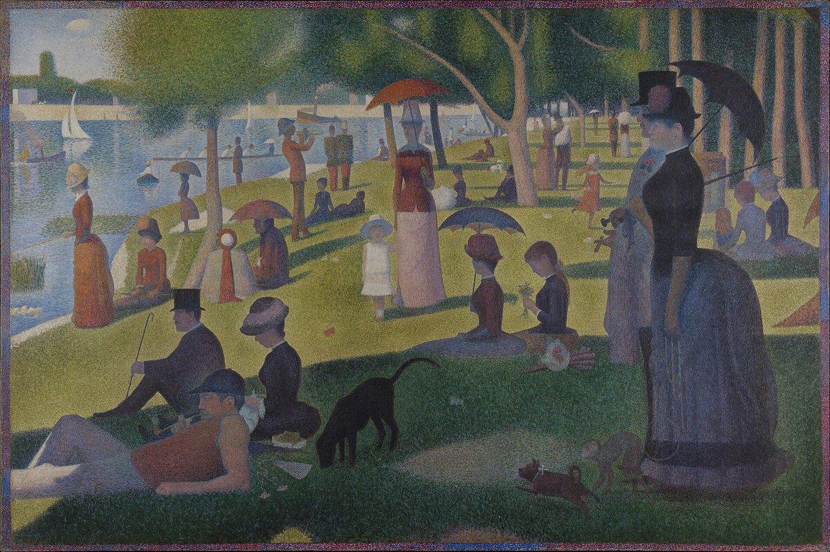 Seurat'nın La Grande Jatte tablosu: Seine kıyısındaki parkta şemsiyeli kadınlar, çocuklar, köpekler ve kayıklar