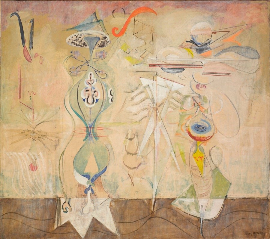 Rothko'nun sürrealist döneminden, bej zemin üzerinde ince çizgili, iki soyut figürlü deniz kıyısı resmi