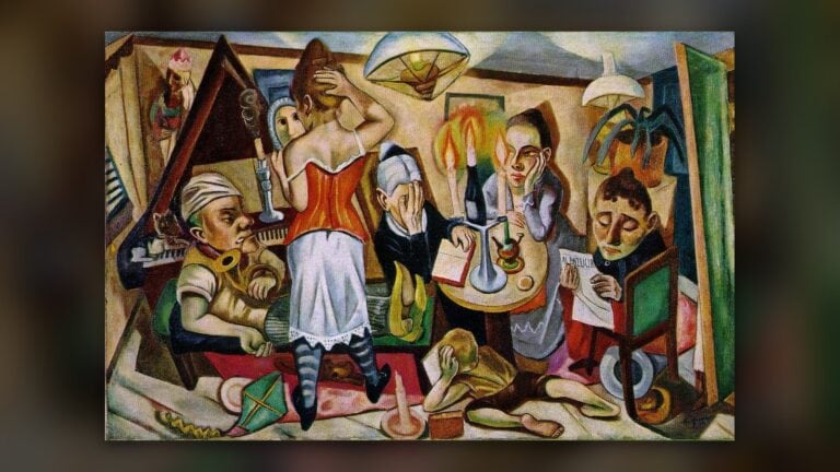 Max Beckmann, Aile Resmi: korseli kadın aynada saçını düzeltiyor, başı sargılı adam boru tutuyor, mum ışığında yüzünü kapatan yaşlı kadın ve gazete okuyan genç, 1920