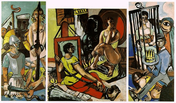 Max Beckmann'ın Argonautlar triptiği: ortada iki genç kahraman ve denizden yükselen yaşlı bilge