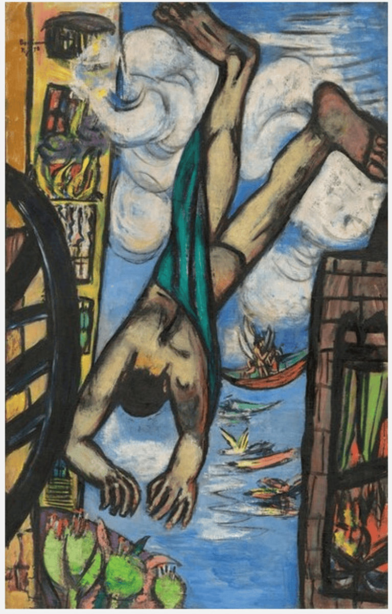 Max Beckmann'ın Düşen Adam tablosu: yanan binalar arasında baş aşağı düşen bir adam