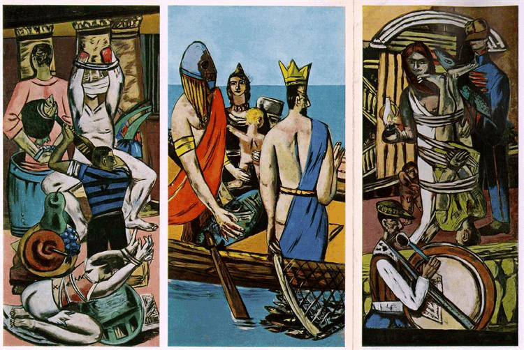 Max Beckmann'ın Kalkış triptiği: yan panolarda işkence sahneleri, ortada denizde bir tekne