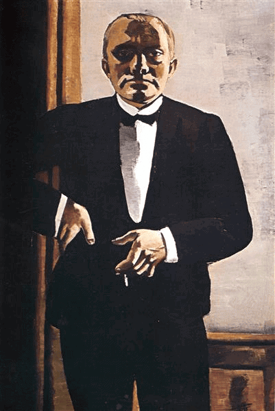 Max Beckmann'ın Smokinli Otoportre tablosu: siyah smokinli, elinde sigara tutan ressam