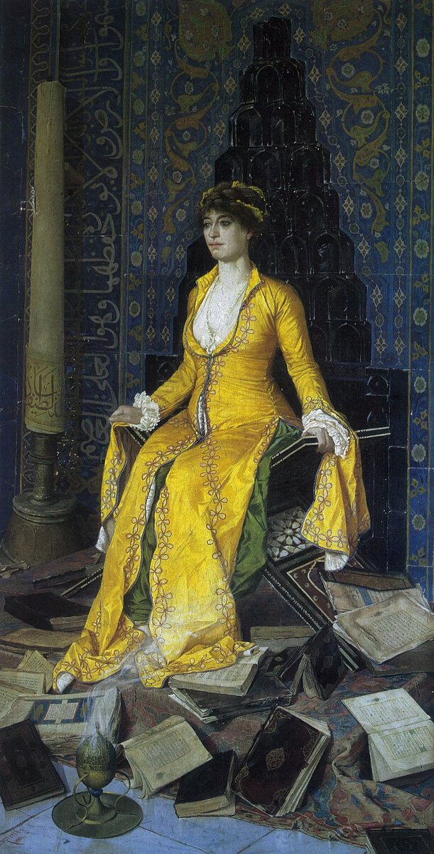 Osman Hamdi Bey'in Mihrap tablosu: çinili mihrabın önünde rahleye oturmuş sarı giysili kadın ve yere saçılmış kitaplar