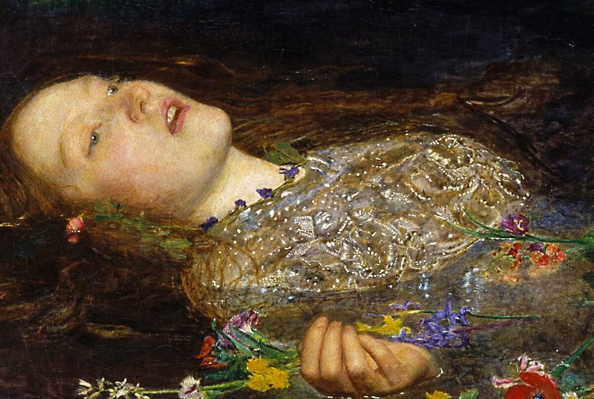John Everett Millais, Ophelia tablosundan ayrıntı: suyun üzerinde sırtüstü yüzen, ağzı aralık genç kadın, işlemeli elbisesi ve elindeki kır çiçekleri, 1851–1852
