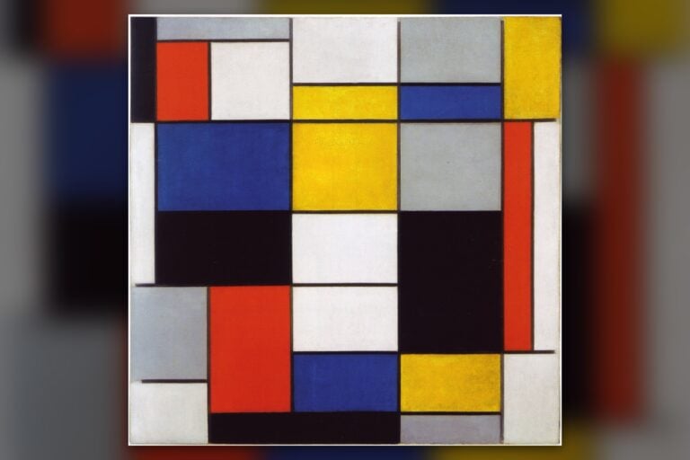Piet Mondrian, Kompozisyon A: siyah çizgilerle ayrılmış kırmızı, sarı, mavi, siyah, gri ve beyaz dikdörtgenlerden oluşan kare tablo, 1920