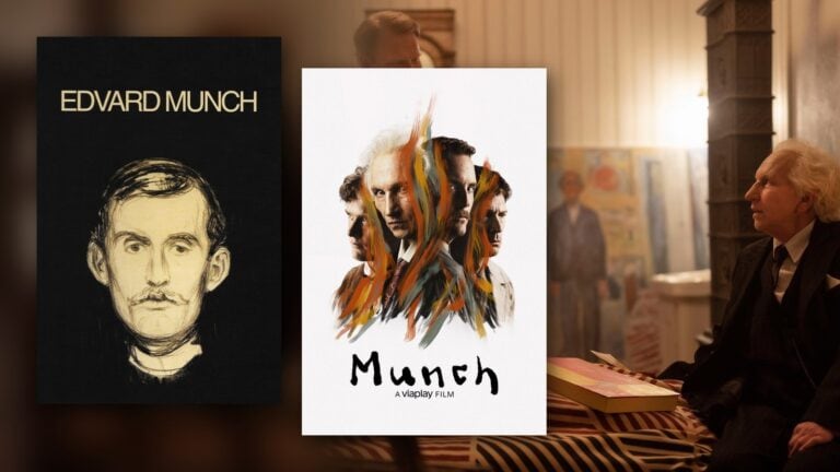Edvard Munch (1974) ve Munch (2023) filmlerinin afişleri, arkada Munch (2023) filminden yaşlı ressamın atölyesinde geçen bir sahne