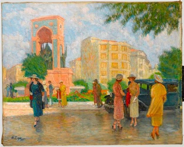 Taksim Meydanı, Nazmi Ziya Güran, 1935, Cumhuriyet Anıtı önünde şapkalı kadınlar