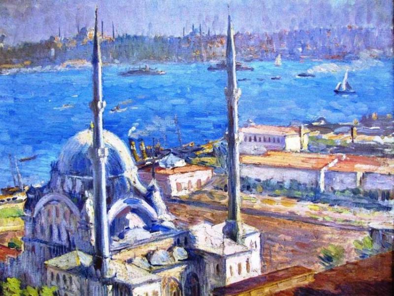 Tophane Nusretiye Camii, Nazmi Ziya Güran, 1928, arkada Haliç ve tarihi yarımada