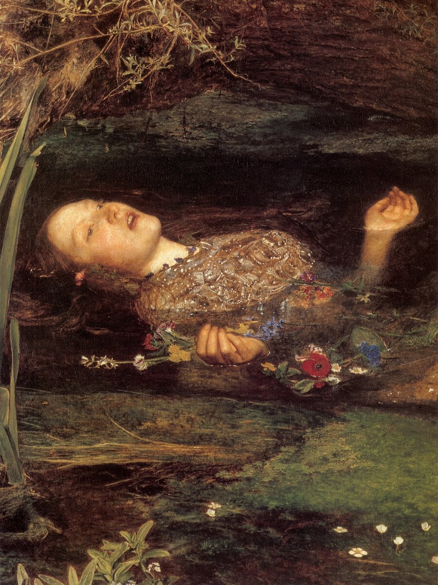 Ophelia tablosundan ayrıntı: Ophelia'nın yüzü, elleri ve suda yüzen çiçekler, John Everett Millais, 1852