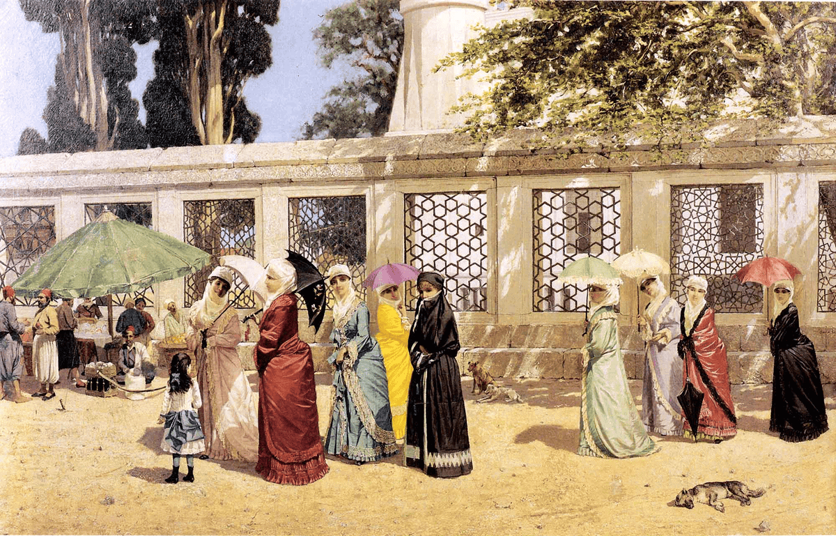 Osman Hamdi Bey tablosu: cami avlusunun önünde gezinen kadınlar