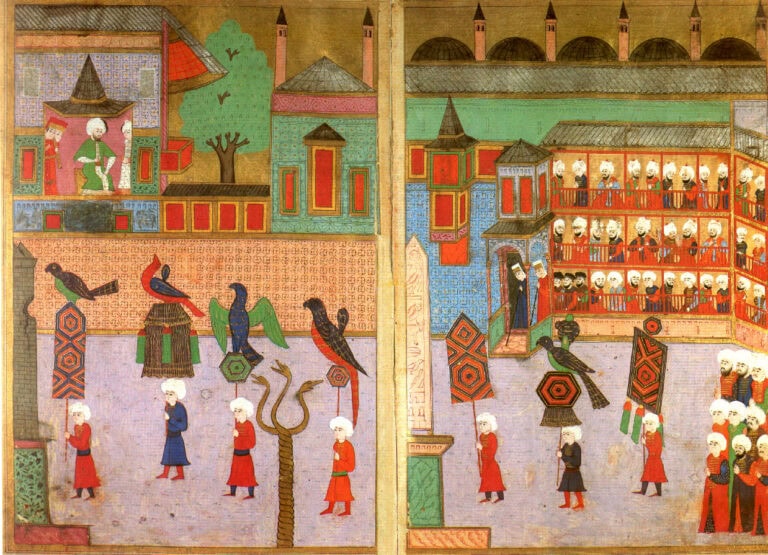 Surname-i Hümayun'dan çift sayfa minyatür: At Meydanı'nda padişahın önünden geçen kumaşçılar esnafı, 1582 şenliği