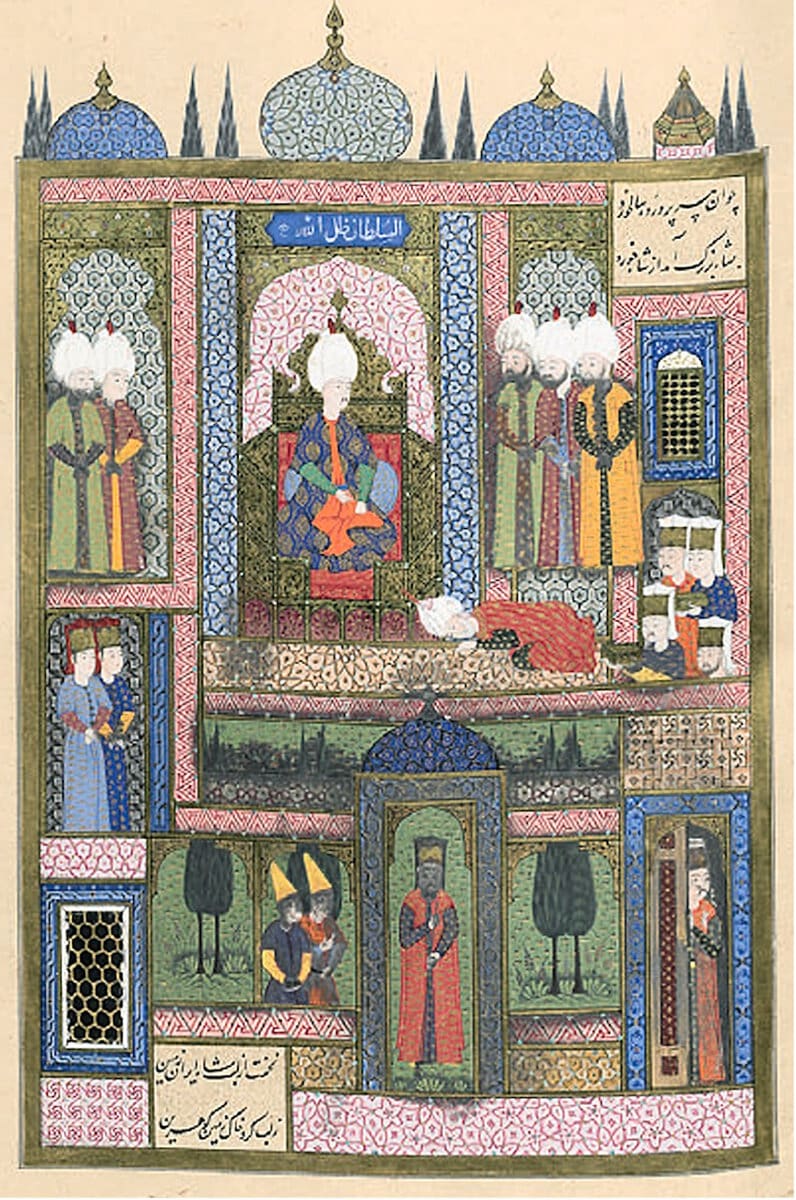 Süleymanname'den minyatür: tahttaki Kanuni Sultan Süleyman, Şah Tahmasb'ın elçisini kabul ediyor