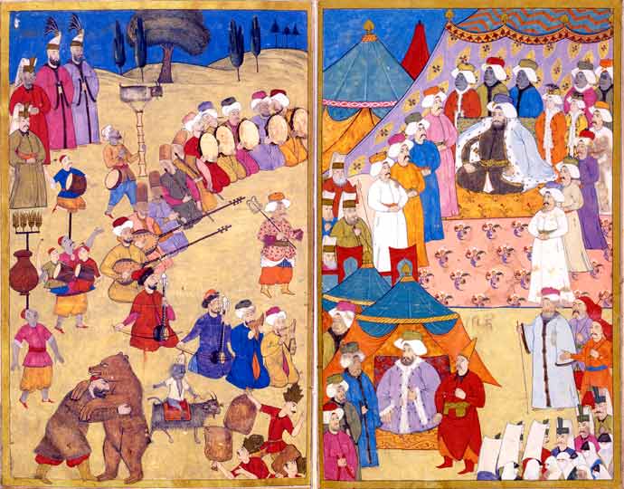 Levni'nin Surname-i Vehbi'sinden çift sayfa minyatür: padişahın önünde çalan müzisyenler