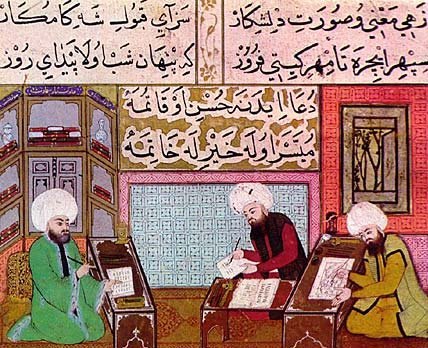Minyatür: kavuklu üç sanatçı alçak masalarında yazı ve resim üzerinde çalışıyor; saray nakkaşhanesi