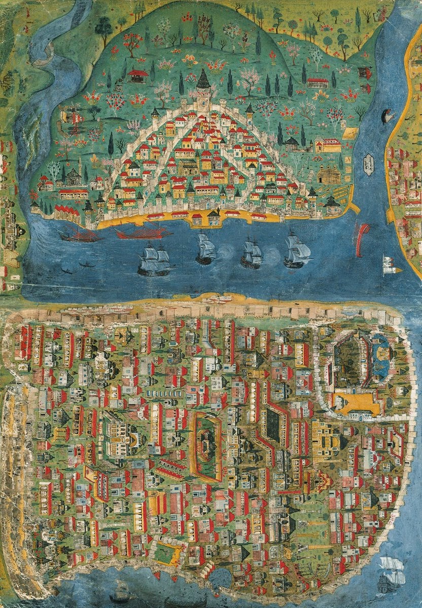 Matrakçı Nasuh'un insan figürü kullanmadan kuşbakışı resmettiği İstanbul ve Galata, 1537 civarı
