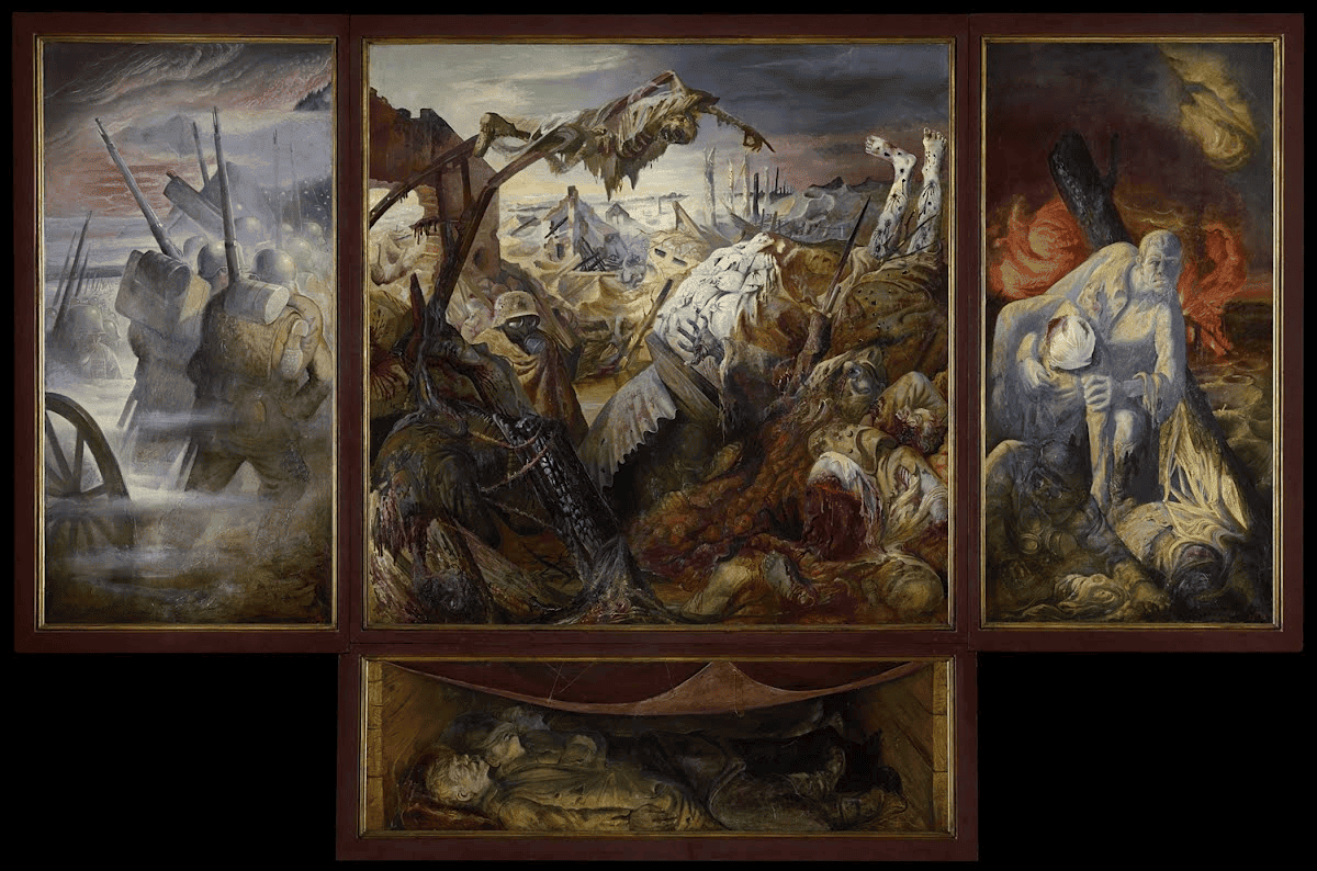 Otto Dix'in Der Krieg triptiği: cepheye yürüyen askerler, yıkılmış siper ve yaralı taşıyan asker