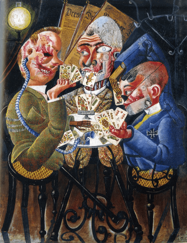 Otto Dix'in Skat Oyuncuları tablosu: protezli üç savaş gazisi kafede iskambil oynuyor
