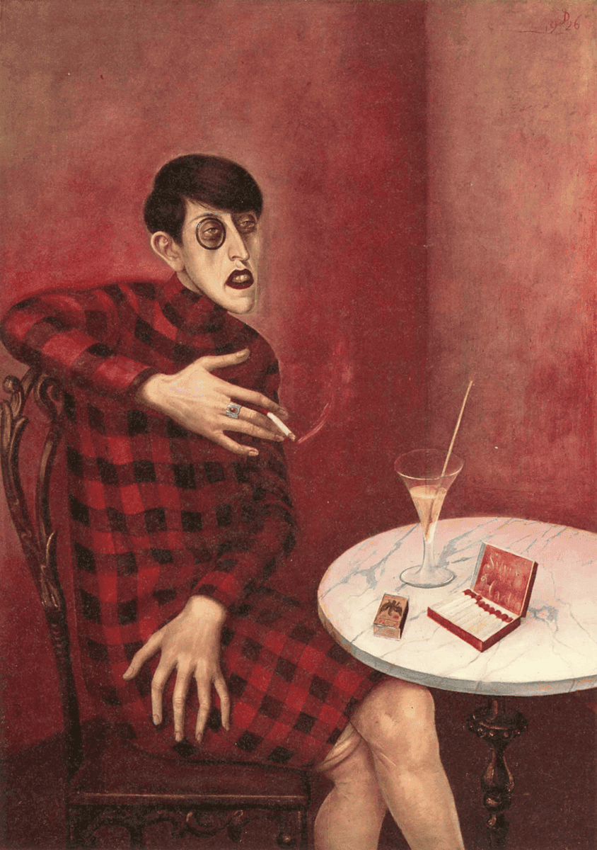 Otto Dix'in Sylvia von Harden portresi: monoklü, kısa saçlı kadın kafe masasında oturuyor