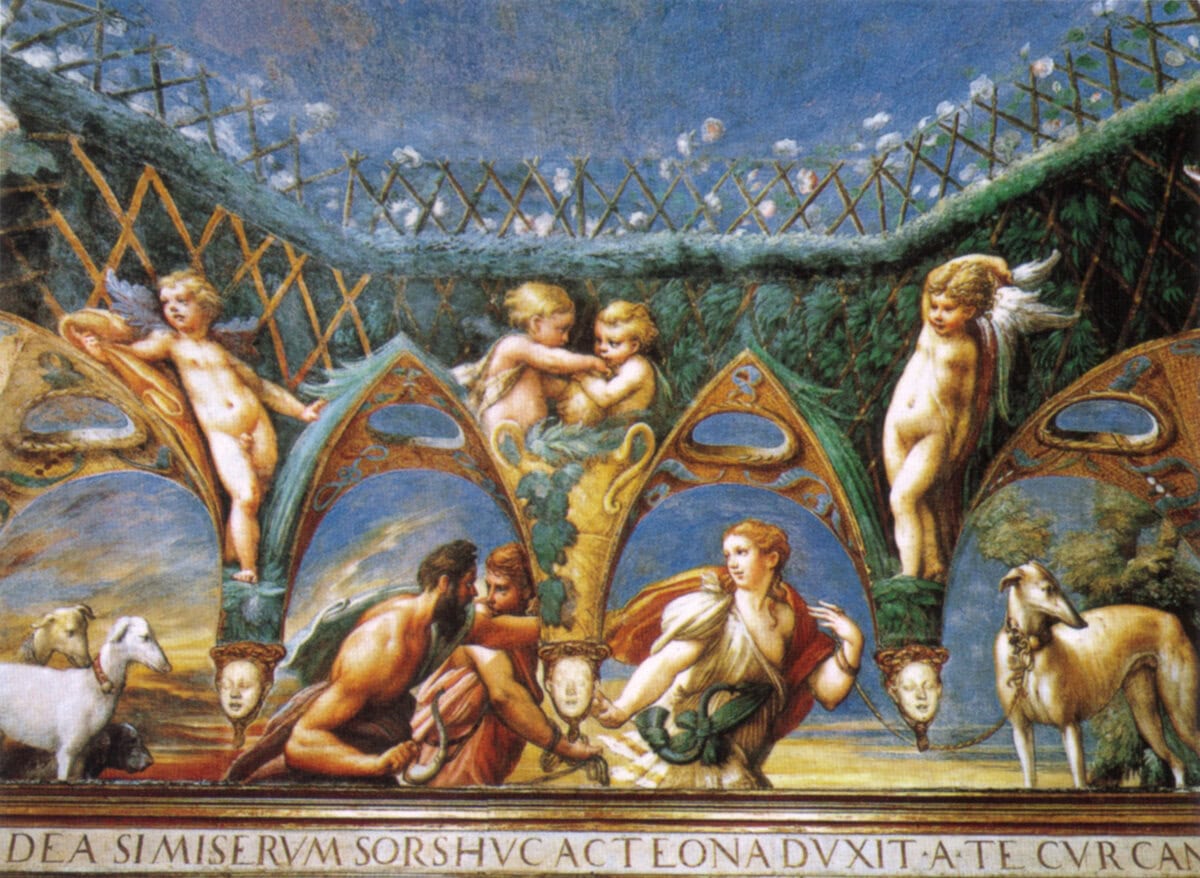 Parmigianino'nun Fontanellato'daki Diana ve Aktaion freskleri: çardak biçimli tavan ve lunetlerde mitoloji sahneleri