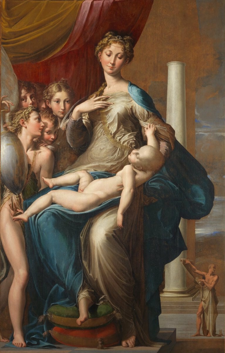 Parmigianino'nun Uzun Boyunlu Meryem tablosu: uzun boyunlu Meryem'in kucağında uyuyan Çocuk İsa, solda melekler, sağda sütunlar