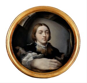 Parmigianino'nun Dışbükey Aynada Otoportresi: kavisli yüzeyde büyümüş el ve genç ressamın yüzü