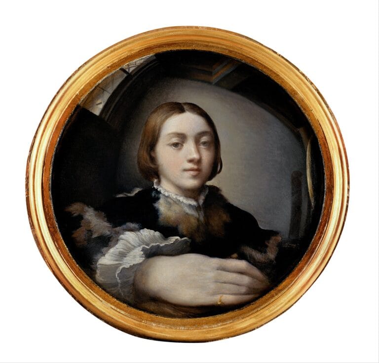 Parmigianino'nun Dışbükey Aynada Otoportresi: kavisli yüzeyde büyümüş el ve genç ressamın yüzü