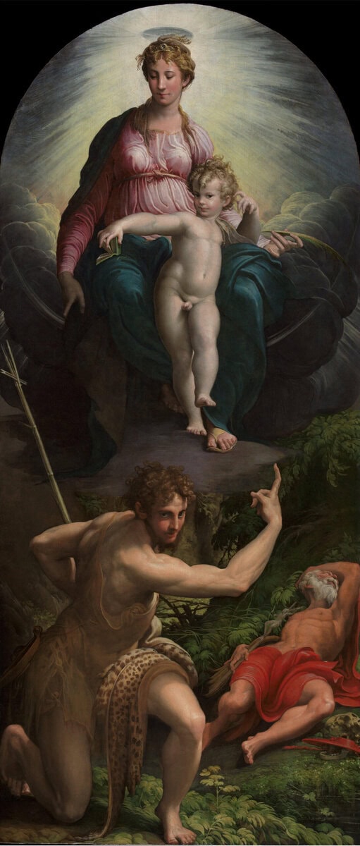 Parmigianino'nun Aziz Hieronymus'un Vizyonu sunak resmi: yukarıda Meryem ve Çocuk İsa, önde işaret eden Vaftizci Yahya, altta uyuyan Aziz Hieronymus