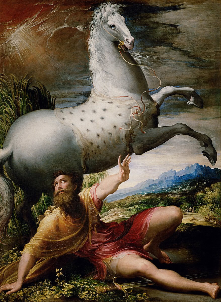Parmigianino'nun Aziz Pavlus'un Dönüşü tablosu: şaha kalkmış beyaz atın önünde yere düşen Pavlus