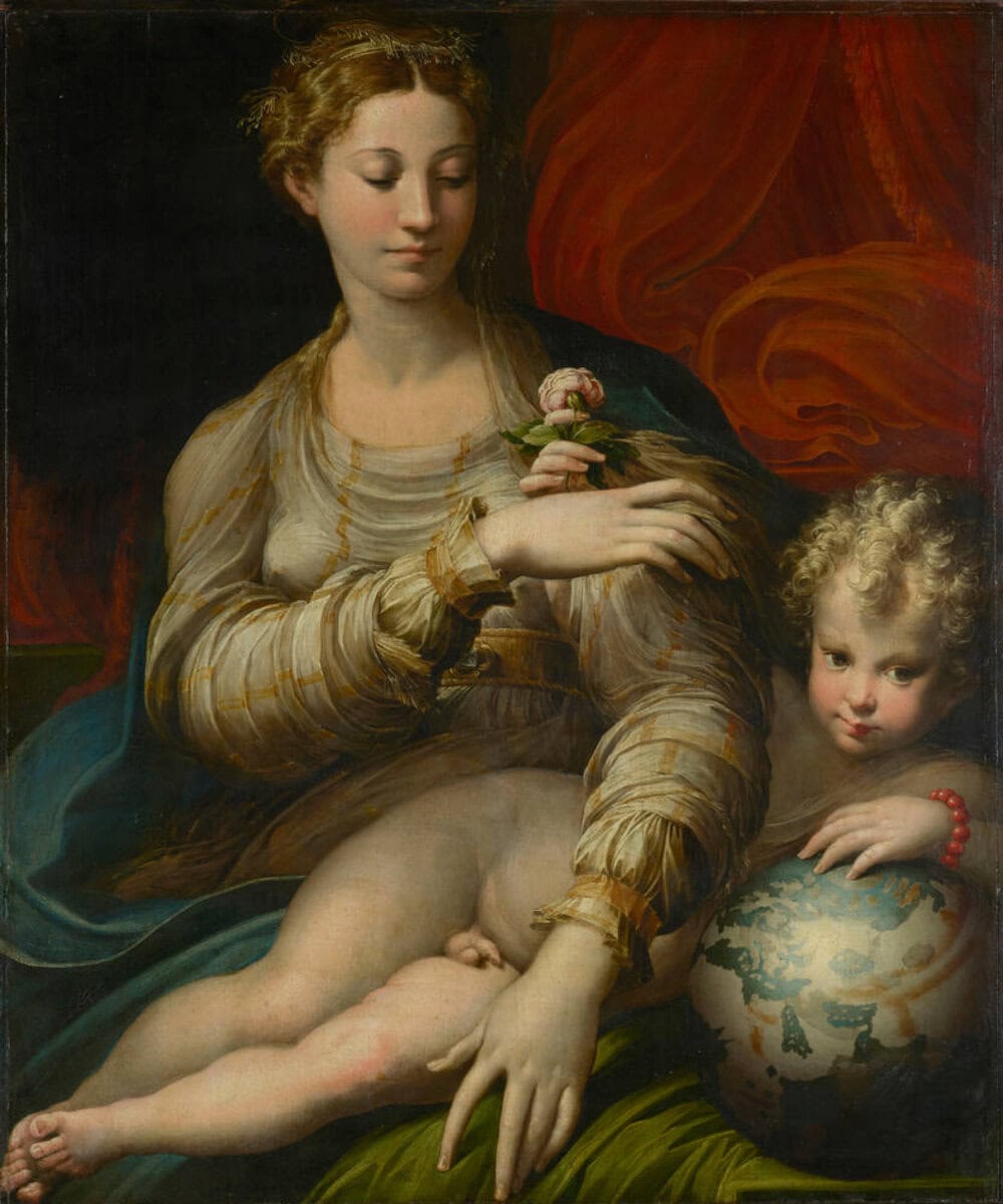 Parmigianino'nun Gül'lü Meryem tablosu: Meryem'in kucağında elinde gül ve küre tutan Çocuk İsa, 1529–1530
