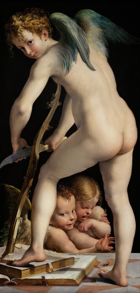 Parmigianino'nun Yayını Yontan Cupid tablosu: sırtı dönük Cupid omzunun üstünden bakarken yayını yontuyor