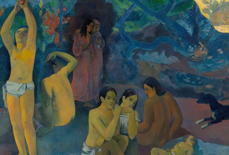 Paul Gauguin, Nereden Geliyoruz? Neyiz? Nereye Gidiyoruz? tablosunun sağ yarısı: meyve toplayan genç, oturan Tahitili kadınlar, siyah köpek ve bebek, 1897–1898