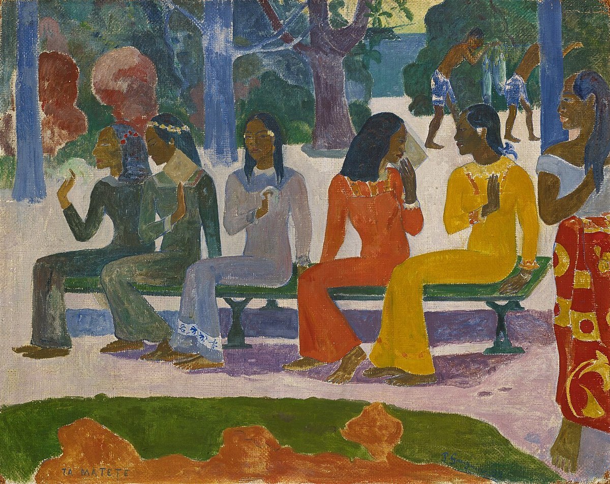 Gauguin'in Ta Matete tablosu: bankta yan yana oturan Tahitili kadınlar