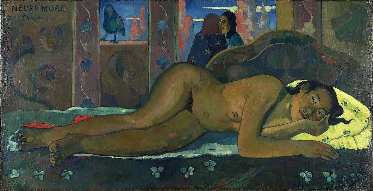 Gauguin'in Nevermore tablosu: yatakta uzanan çıplak kadın ve pencerede kuzgun