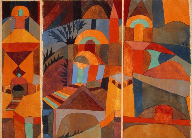 Paul Klee, Tapınak Bahçeleri: üç dikey panele bölünmüş turuncu, mavi ve kırmızı geometrik kemerler, kubbeler ve palmiye yaprakları, 1920